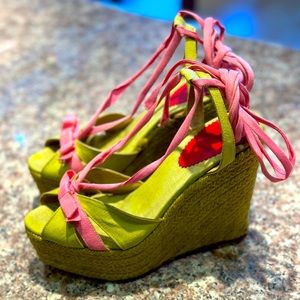 Christian Louboutin Green X Pink Isabelle Espadrille 60cla1014 Wedges